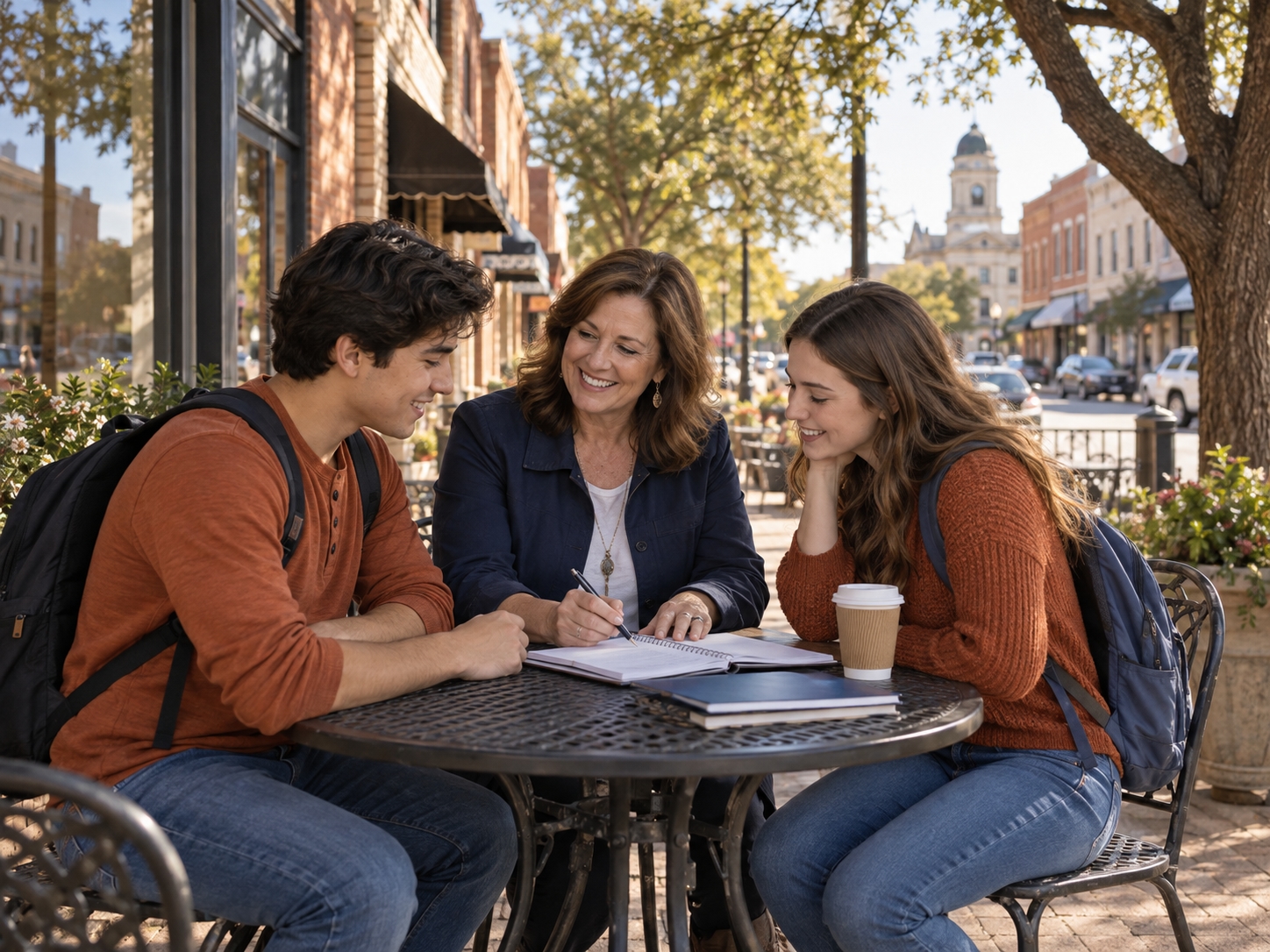 A community mentor talking with two students