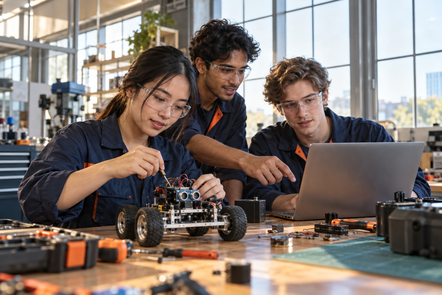 Technical students building a small robot together