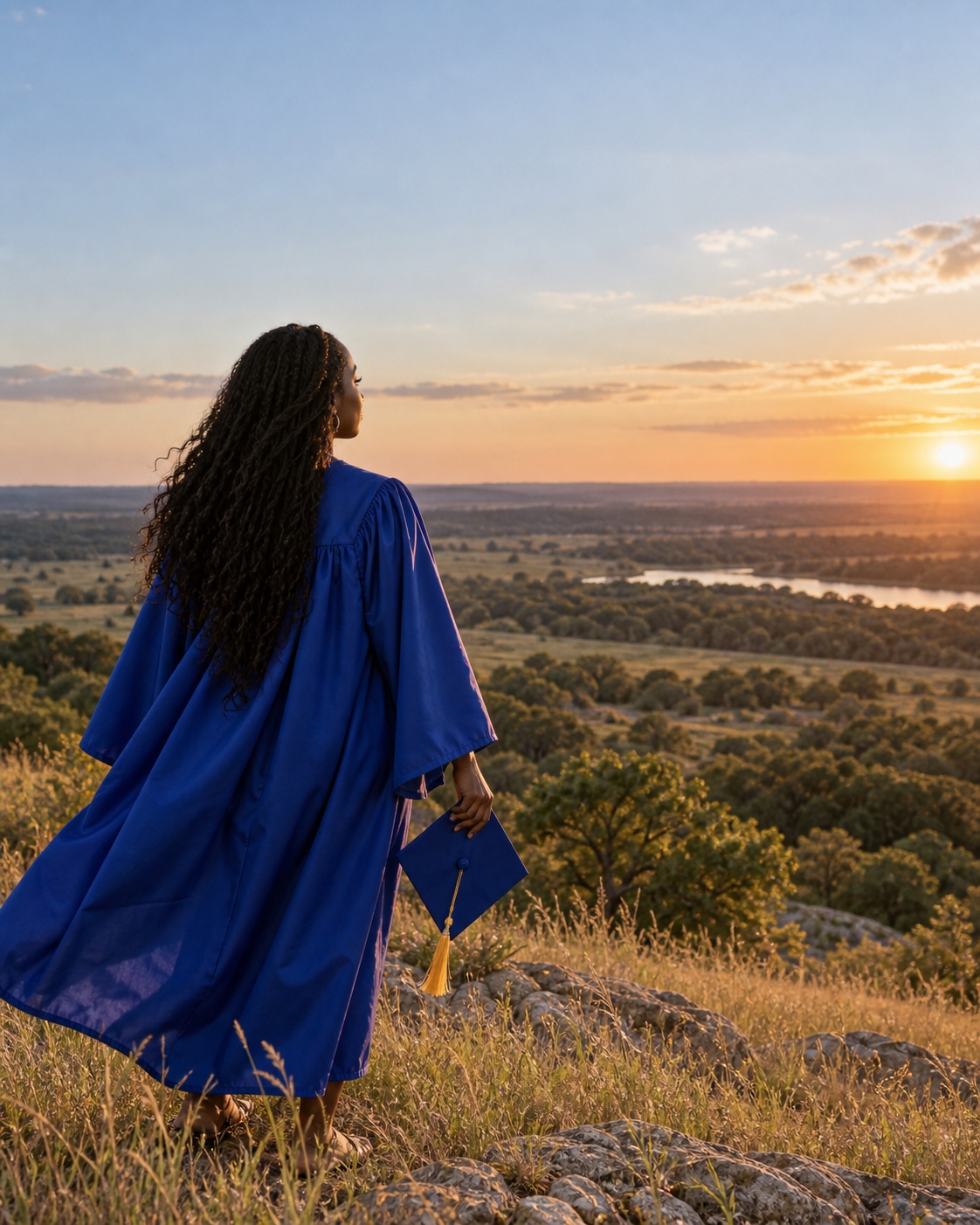 A graduate looking out over the Texas landscape