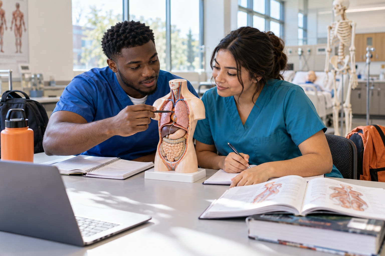 Healthcare students studying in a nursing classroom