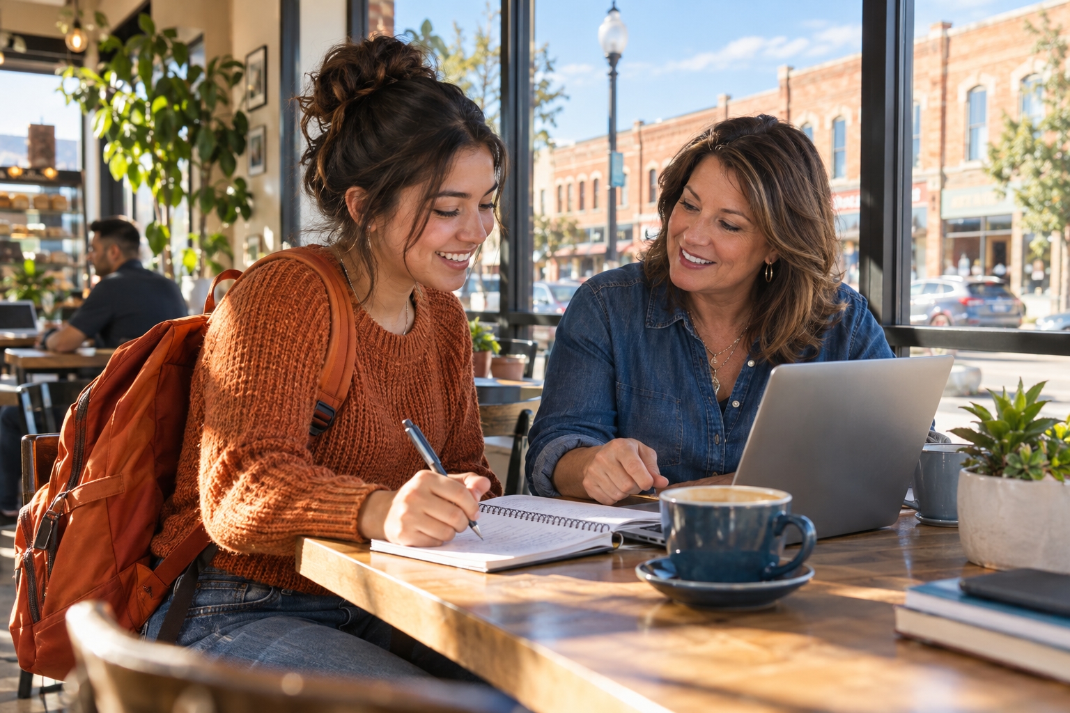 A student and a local mentor planning her next steps at a sunlit café