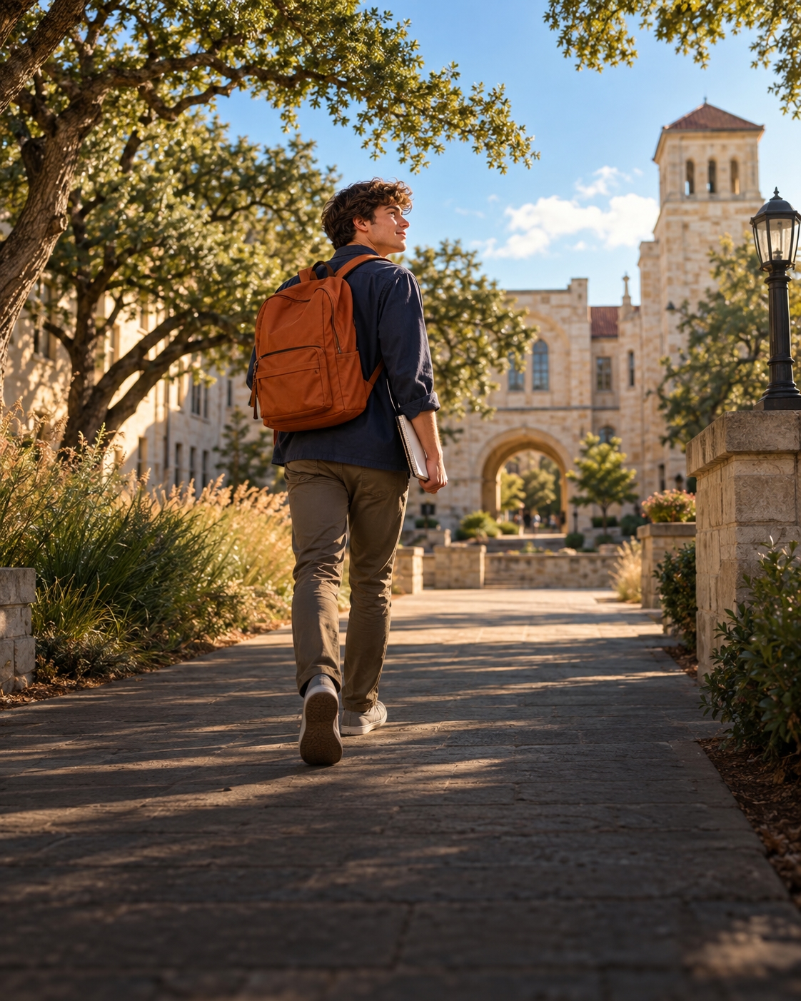 A student taking his first steps toward a college courtyard