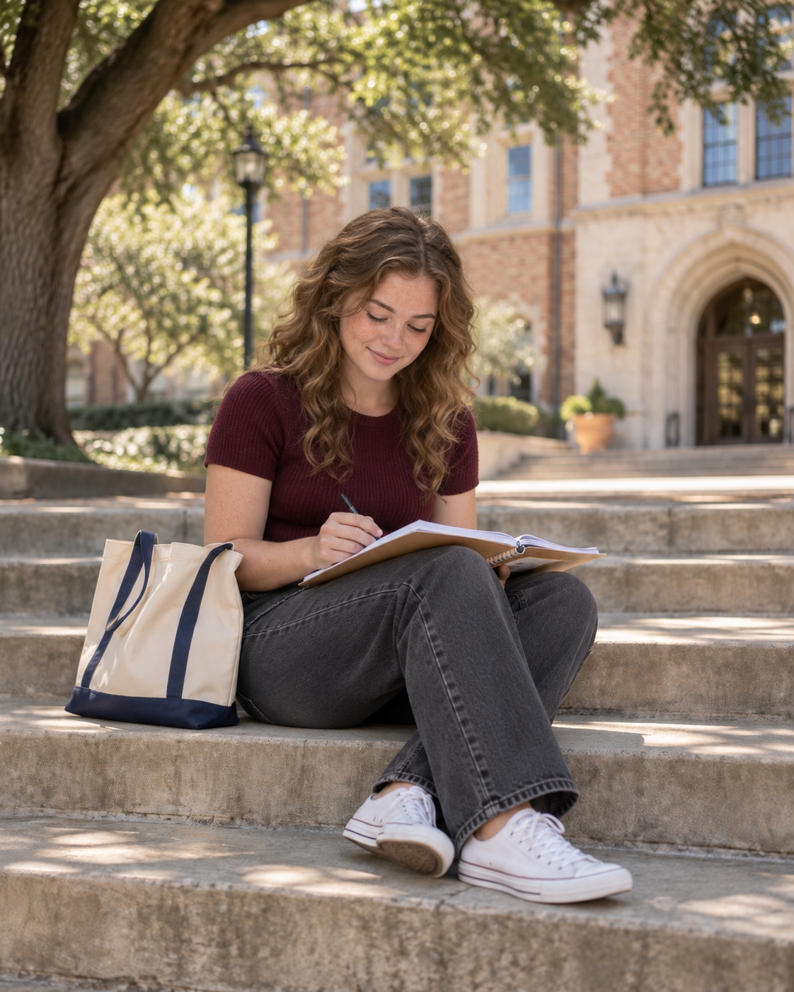 A student studying in a notebook on sunlit campus steps