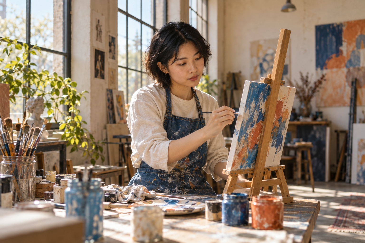 A student painting an abstract canvas in a sunlit art studio