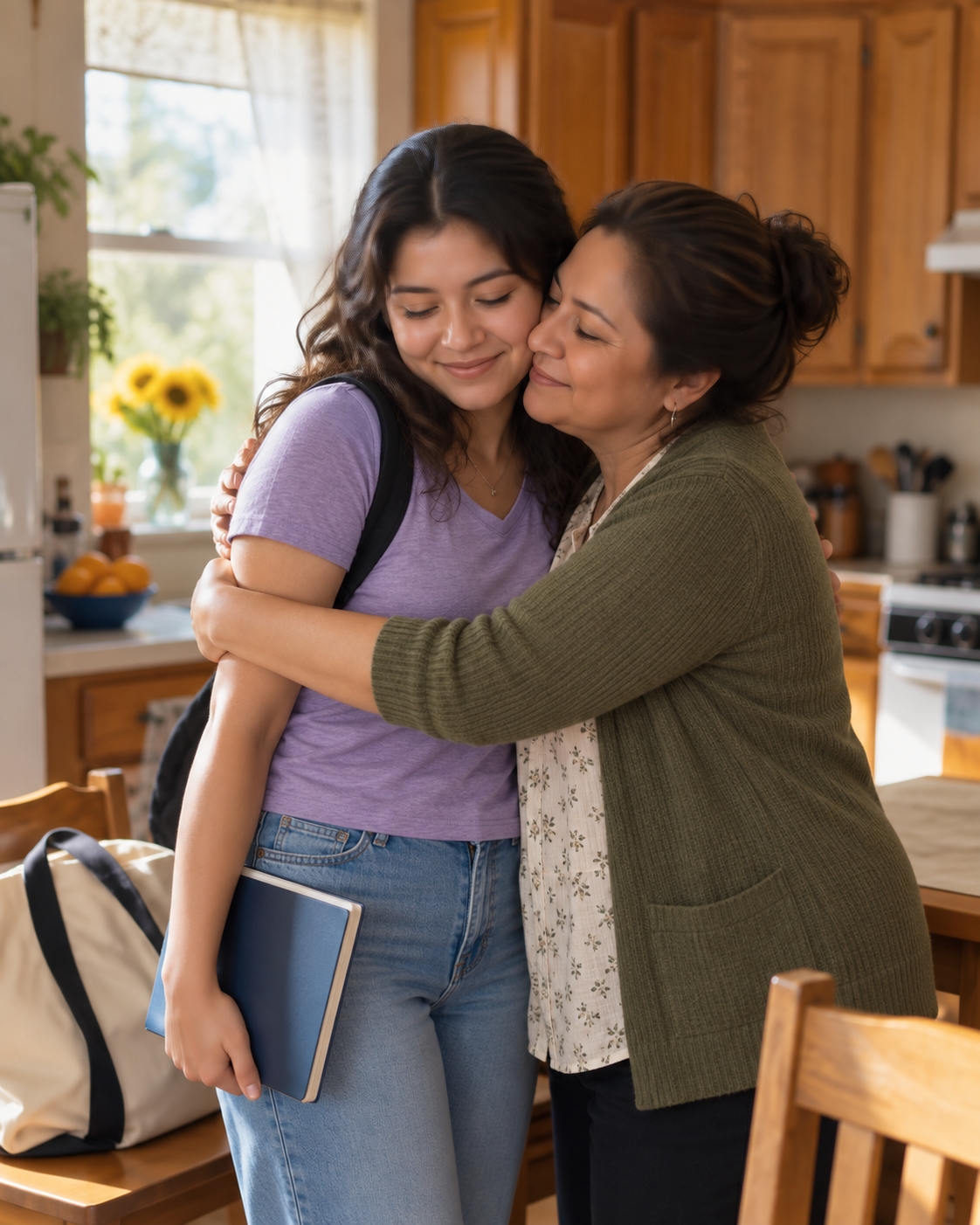 A college-bound student sharing a hug with her mother at home