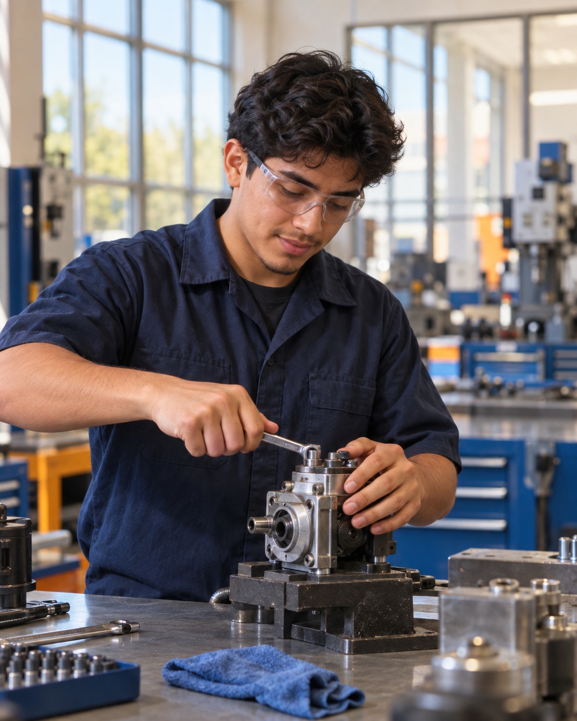 A technical college student practicing with a wrench at a mechanics bench
