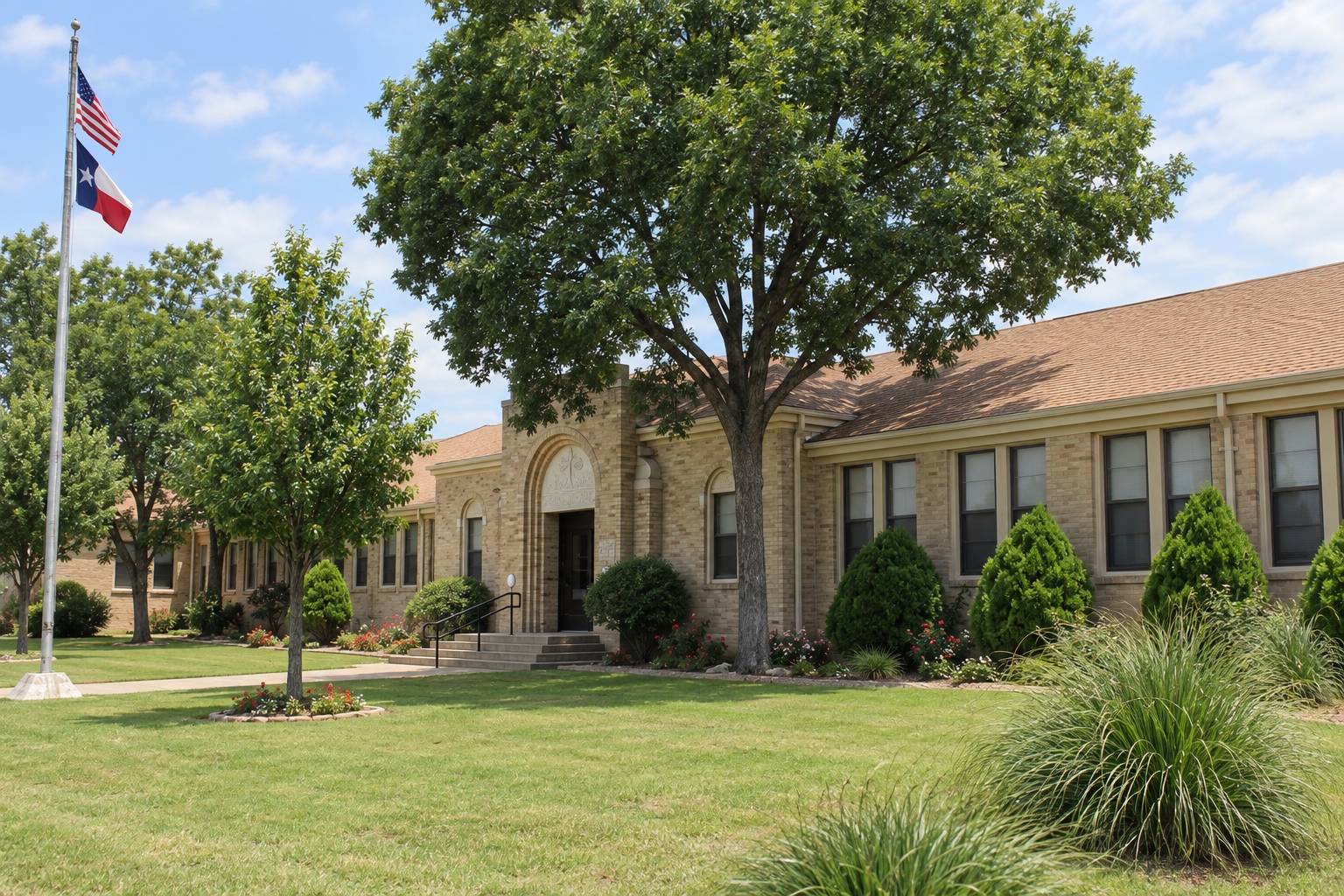 Campus illustration of Avalon School’s brick entrance and tree-lined grounds