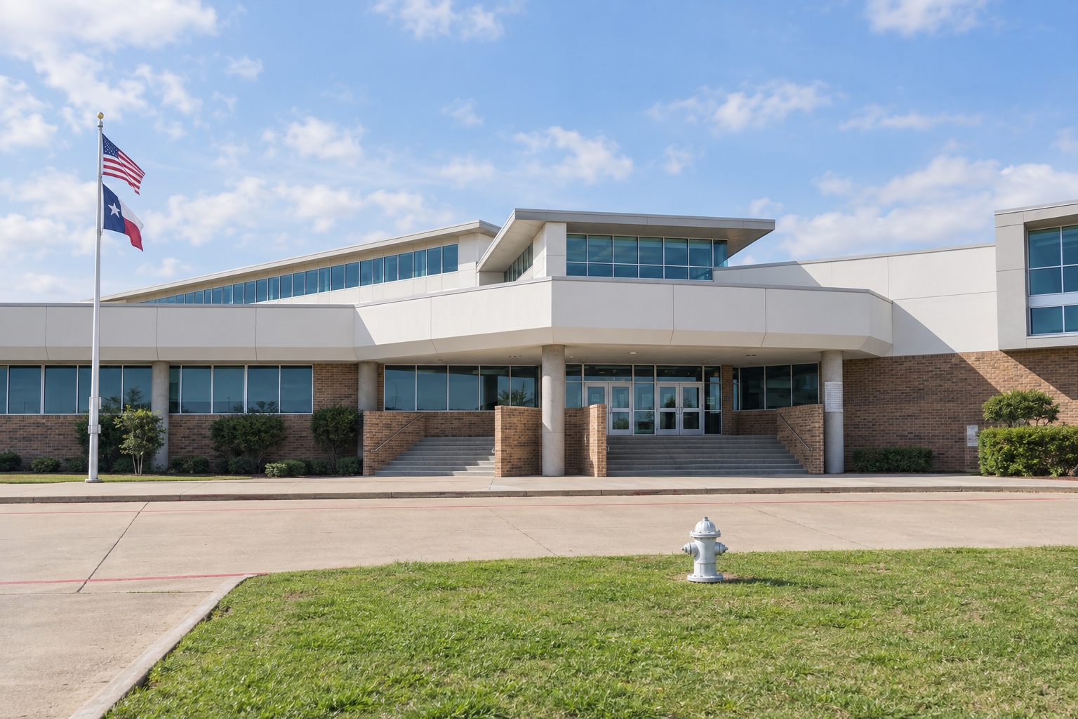 Campus illustration of Ennis High School’s entrance, with white rooflines, brick walls and flagpole