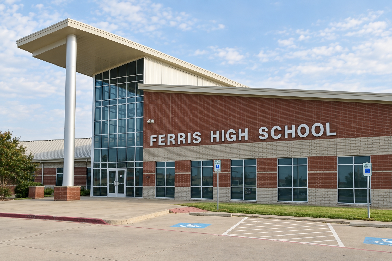 Campus illustration of Ferris High School’s glass entrance and red-brick facade beneath its angular canopy