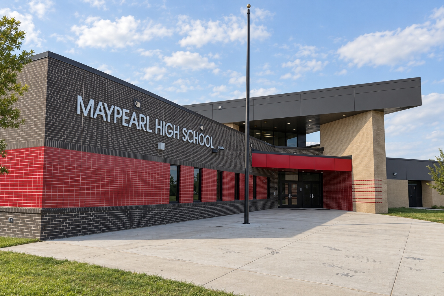 Campus illustration of Maypearl High School’s charcoal and red facade and covered entry