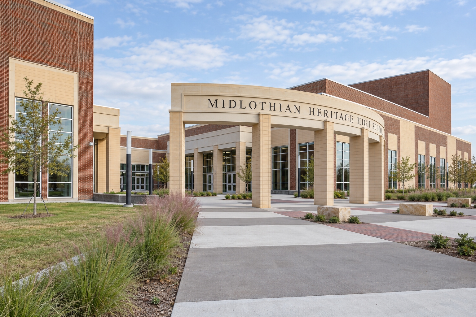 Campus illustration of Midlothian Heritage High School’s curved stone colonnade and brick campus