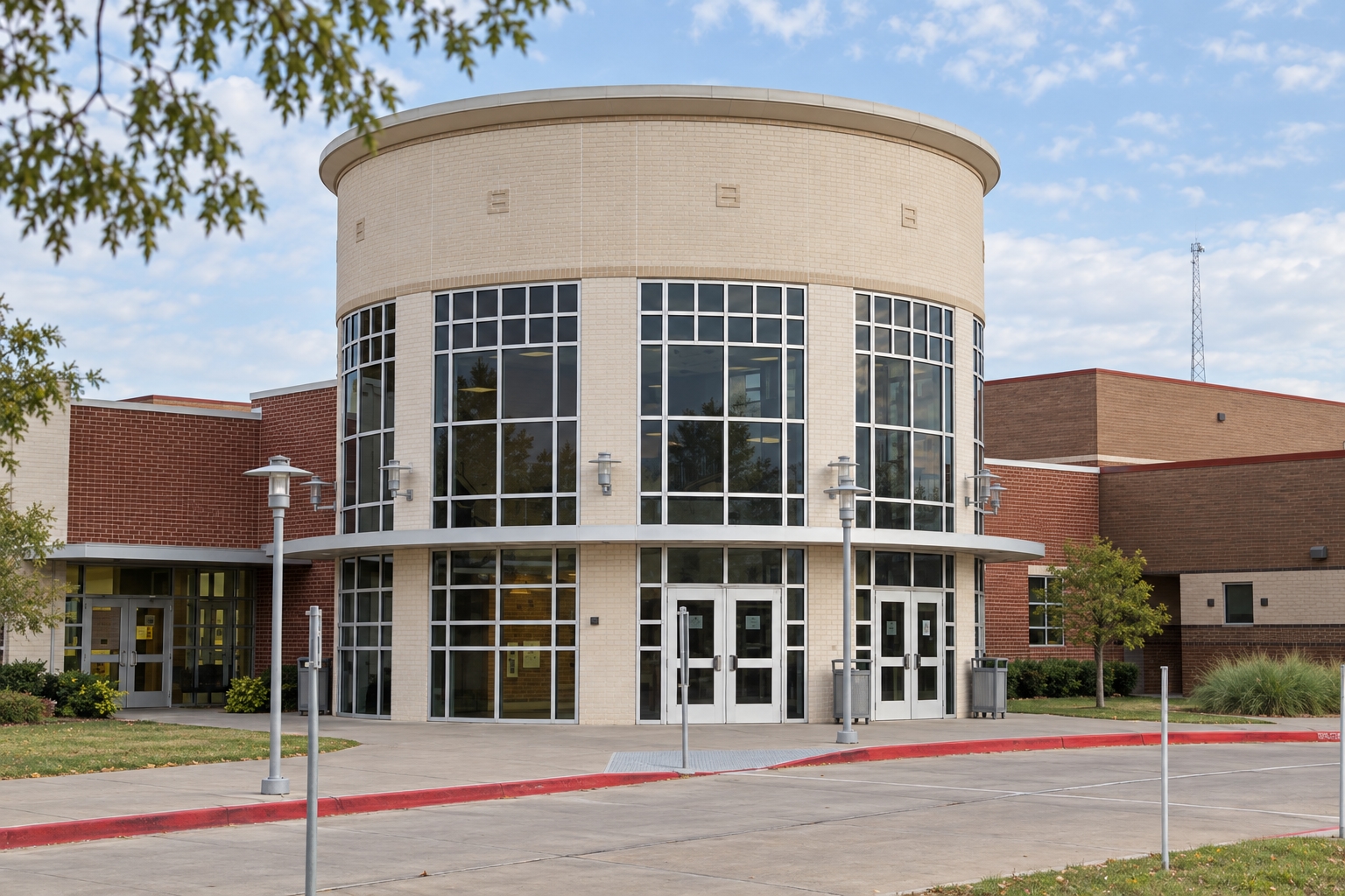 Campus illustration of Midlothian High School’s rounded entrance with tall windows and adjoining brick wings
