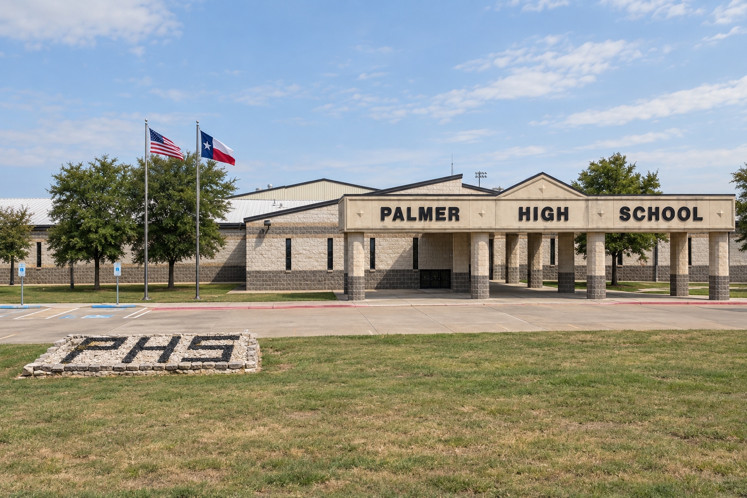 Campus illustration of Palmer High School’s stone entrance, school lettering and flagpoles