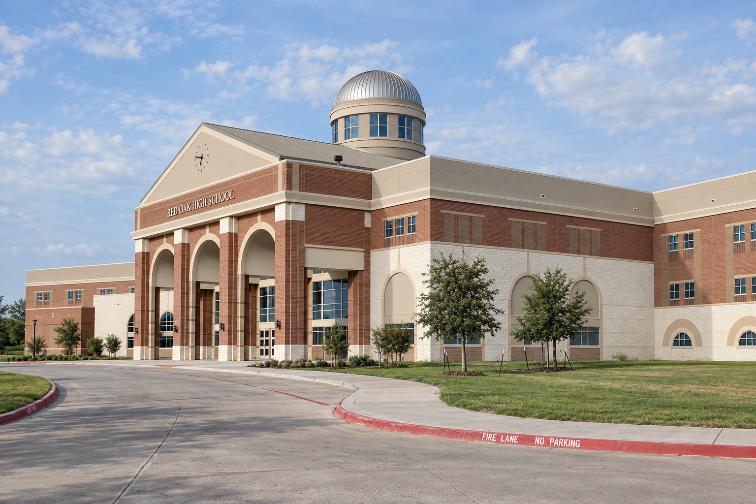 Campus illustration of Red Oak High School’s three entrance arches and domed roof lantern