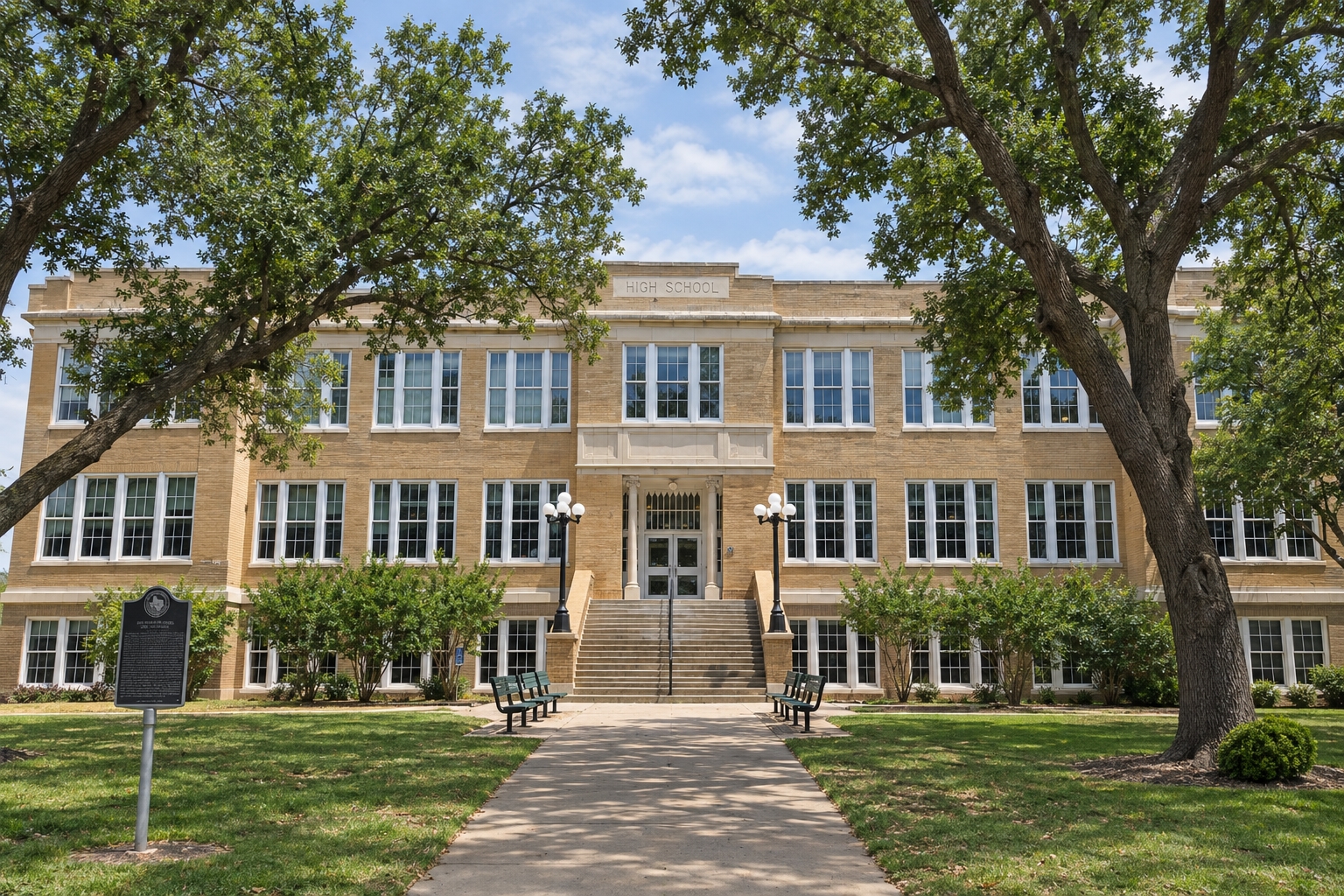 Campus illustration of Waxahachie Global High School’s historic brick facade, entrance steps and shade trees