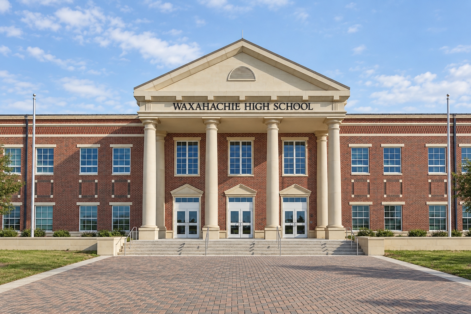 Campus illustration of Waxahachie High School’s columned main entrance and brick-paved approach