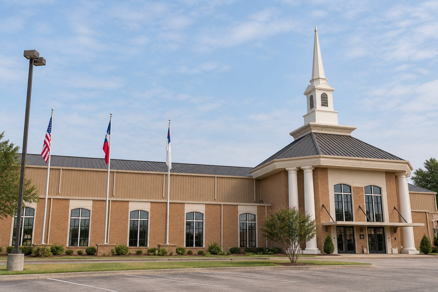 Campus illustration of Waxahachie Preparatory Academy’s shared Brown Street campus, with arched windows and white steeple